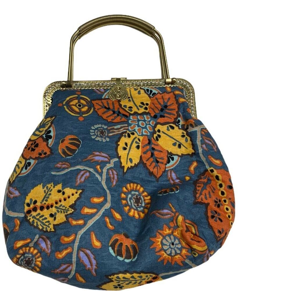 Vintage Women Floral clutch handbag purse floral print blue multicolor Gold bag